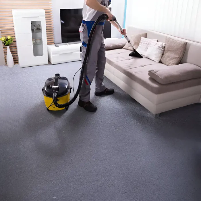 Person, die einen Staubsauger auf einem Sofa in einem Wohnzimmer mit grauem Teppich benutzt in Guetersloh