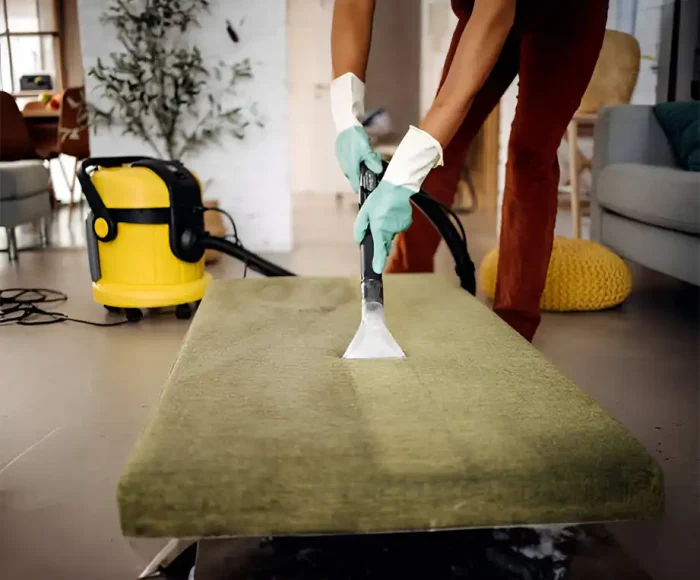 Person, die einen Staubsauger mit einem Aufsatz verwendet, um ein grünes Sofakissen in einem modernen Wohnzimmer zu reinigen