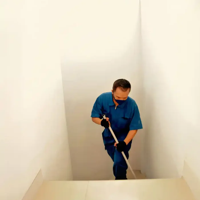 Eine Person in einer blauen Uniform wischt eine Treppe in Reutlingen