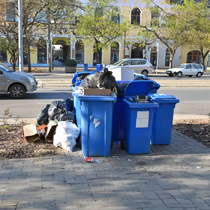 Blaue Recyclingtonnen, die auf einer Straße überquellen
