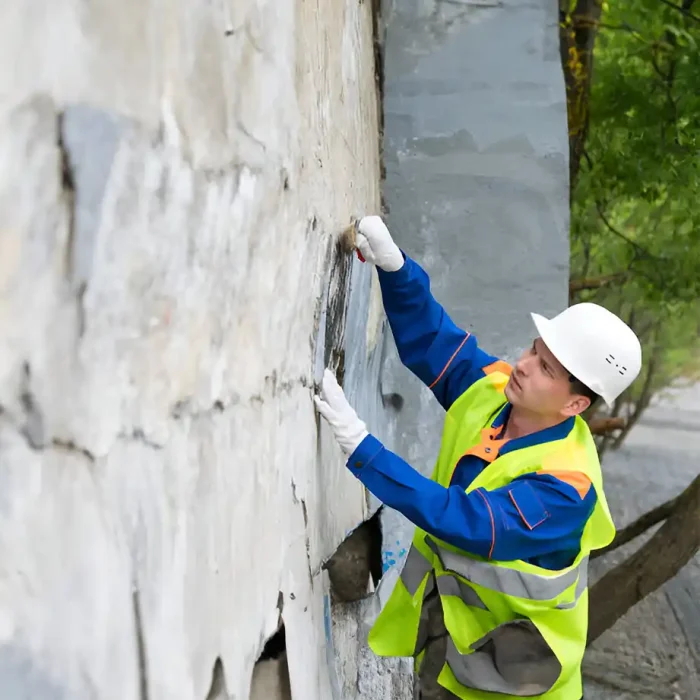 Arbeiter in Schutzkleidung kratzt alte Farbe von einer maroden Wand ab in Albstadt
