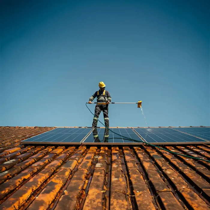 Person in Schutzkleidung bei der Reinigung von Solarmodulen auf einem Schrägdach